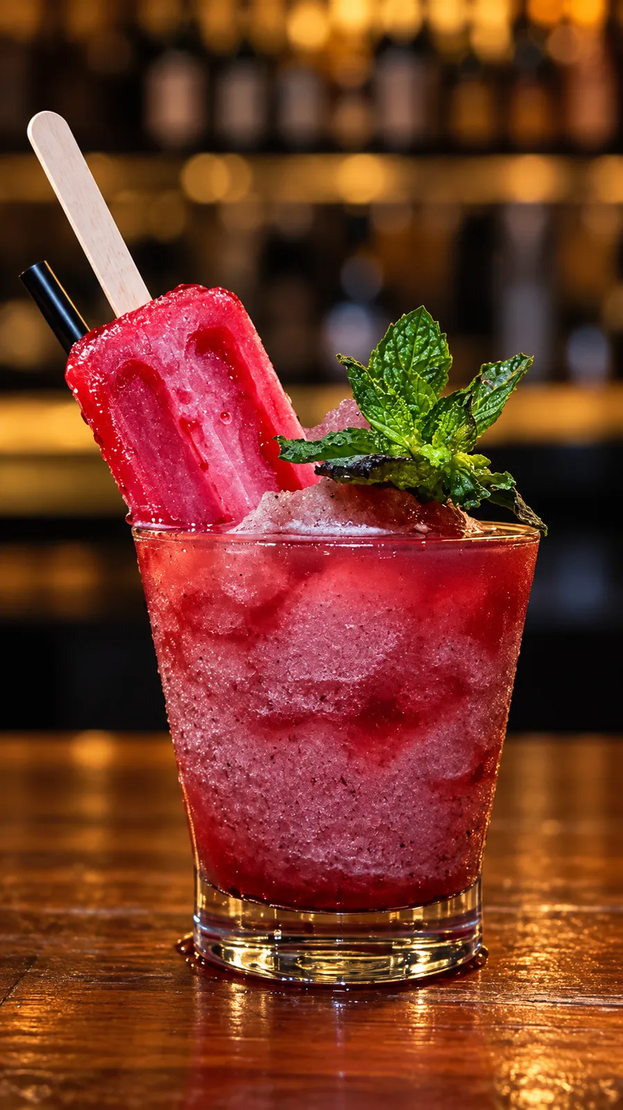 Cóctel de autor frozen con paleta helada y menta en Zeppelin Bar Salta